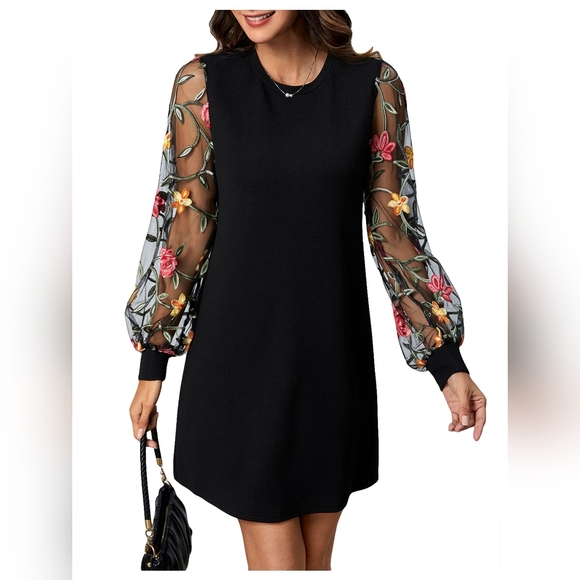 Chic Long Sleeve Black Dress with Vibrant Sheer Floral Sleeves, XL - Picture 1 of 5